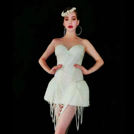 2025 white Pearl Elegant Skirt Dress Concert Women's Cute Dress birthday party dress woman sexy A-word Luxury dress Graduation