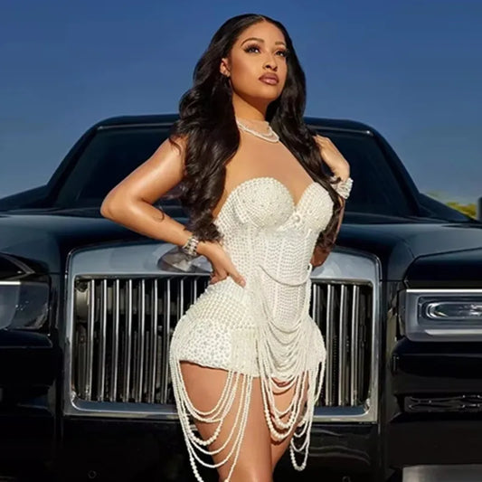 2025 white Pearl Elegant Skirt Dress Concert Women's Cute Dress birthday party dress woman sexy A-word Luxury dress Graduation